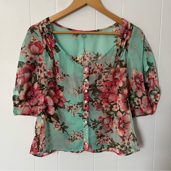 Farm Rio Floral Short Sleeve Blouse Turquoise Teal Flowers Button Pink Top - Picture 3 of 12